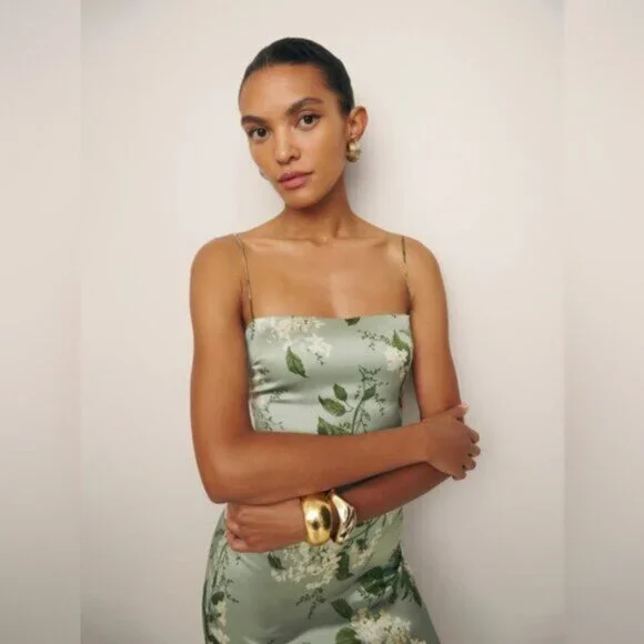 NEW Reformation Frankie Long Silk Dress in Tea Garden Green Floral | size 6 - Picture 5 of 12